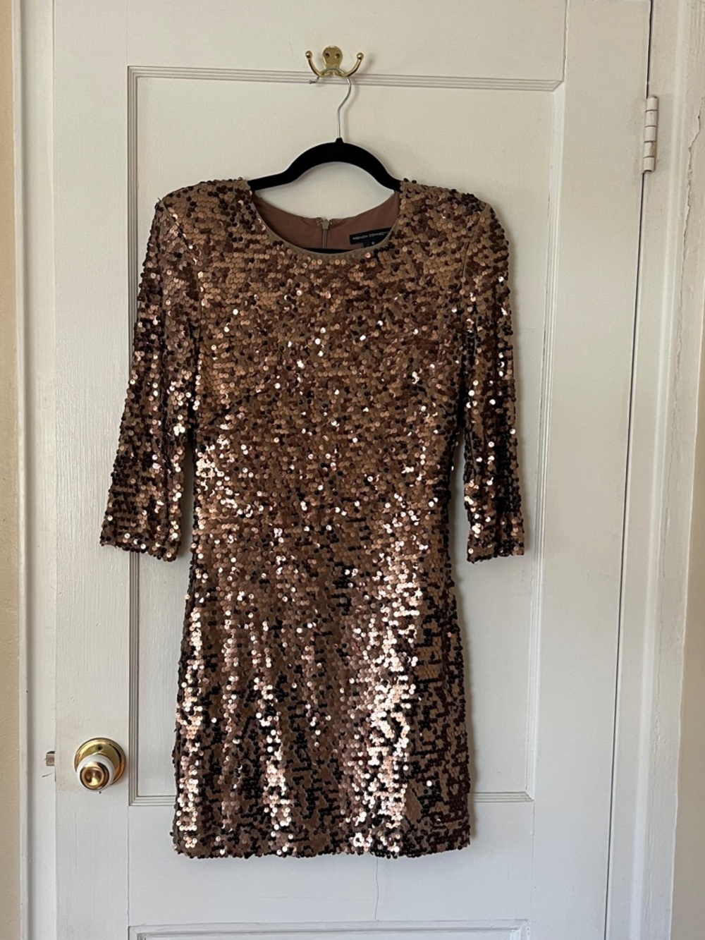 French Connection Rose Gold Sequin Mini Dress with Three-Quarter Sleeves